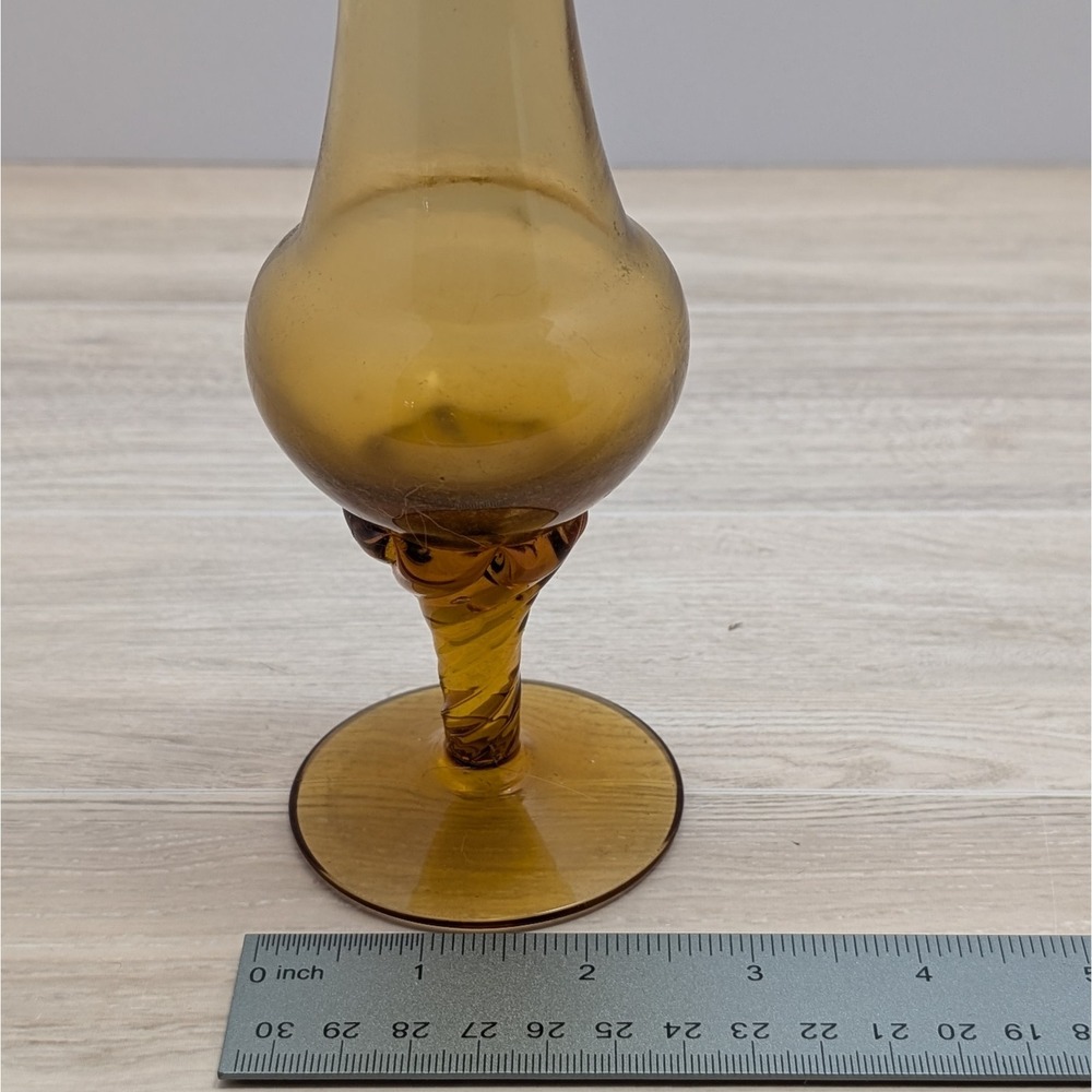 Vintage Hand Blown Amber Twisted Stem Bud Vase 10" Mid Century Empoli Style - Picture 5 of 5